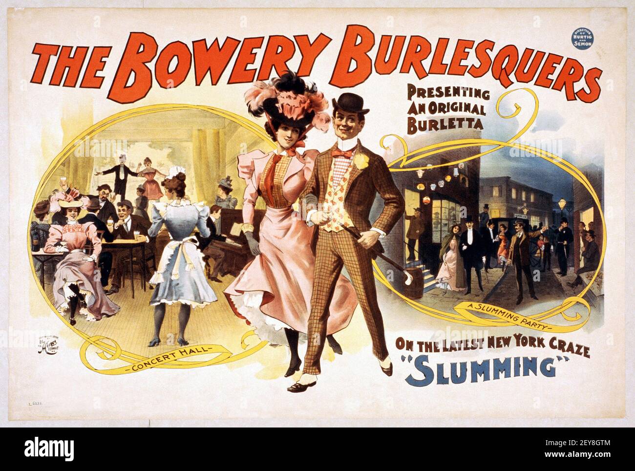 Bowery Burlesquers. Präsentiert eine originelle Burletta. Auf dem letzten New York Craze 'Schlumming'. Alter und Vintage-Stil. Stockfoto