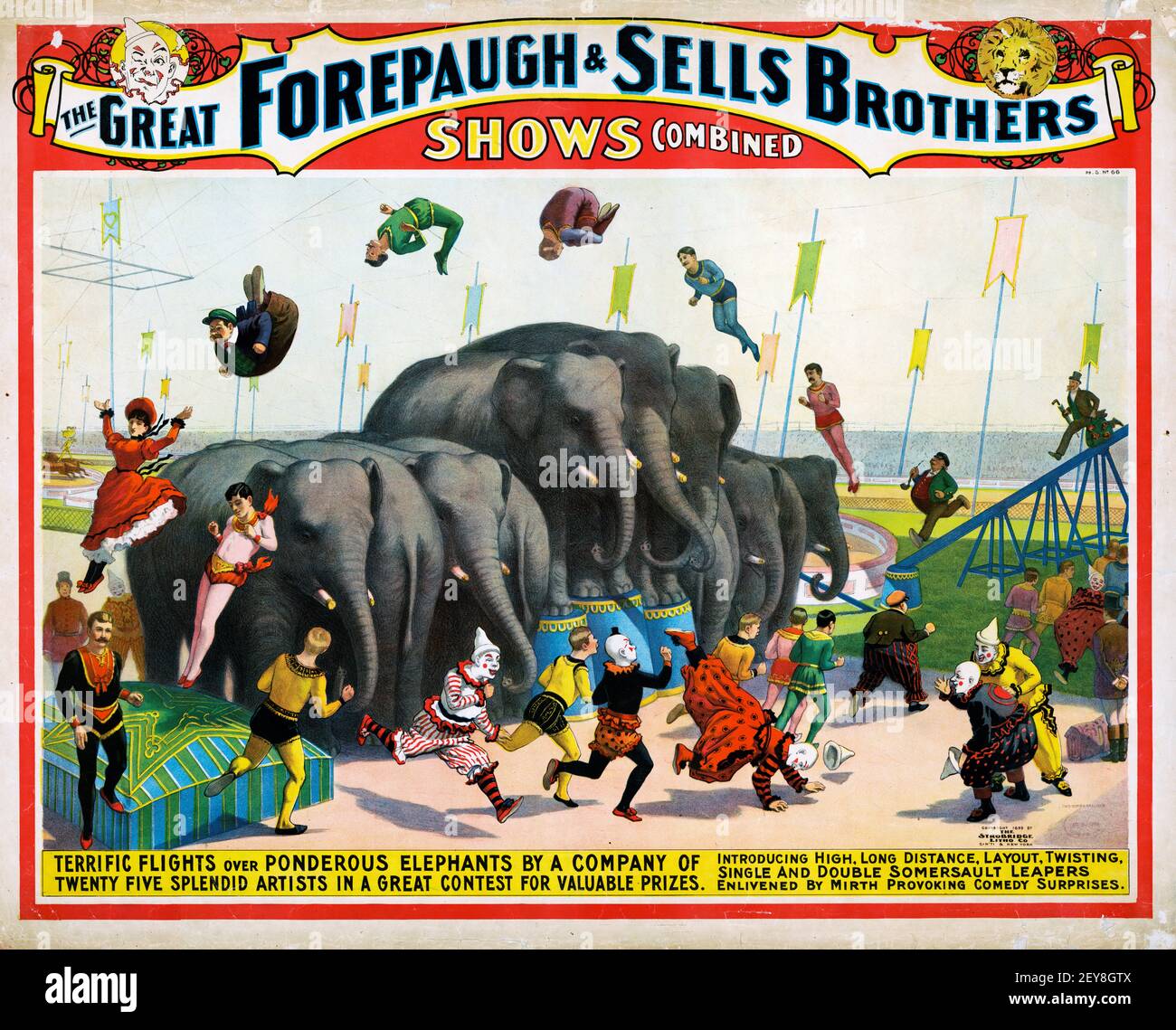 Der große Forepaugh und verkauft Brother Shows - Elefanten. Klassisches Circus-Poster im alten und Vintage-Stil. 1890er Jahre Stockfoto