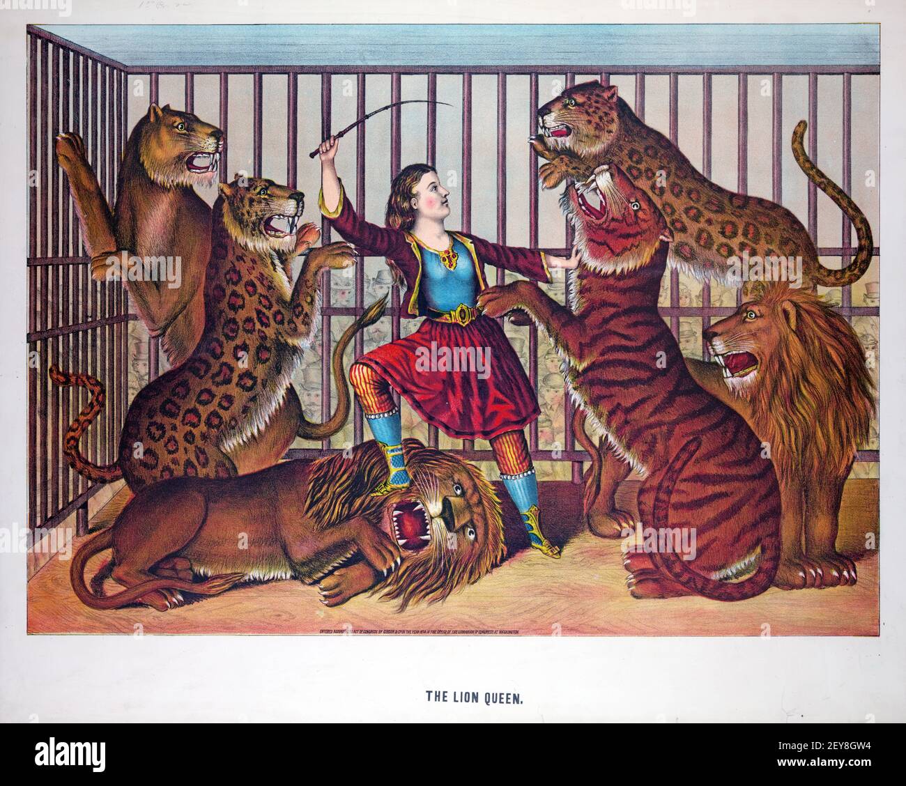 Animal Tamer: Die Königin Der Löwen. Illustration, Frau im Käfig voller Tiger, Leoparden und Löwen. Klassisches Poster / Illustration, alt und Vintage-Stil. Stockfoto