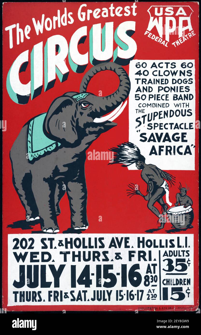 The World's Greatest Circus. Illustrierter Elefant. Klassisches Zirkusposter, alter und Vintage-Stil. Federal Theatre. USA WPA. Stockfoto
