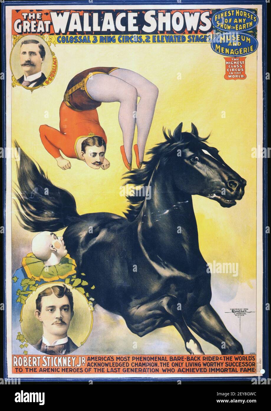 Die Great Wallace Shows. Klassisches Zirkus-Poster, alt und Vintage-Stil. Mann, der auf schwarzem Pferd spielt. Stockfoto