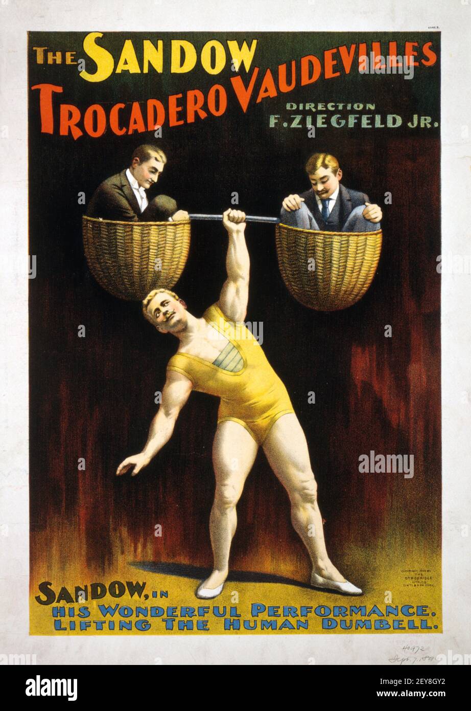 Die Sandow Trocadero-Varietés. Klassisches Poster, alter und Vintage-Stil. Heben des menschlichen Hantelbeins. 1894. Stockfoto