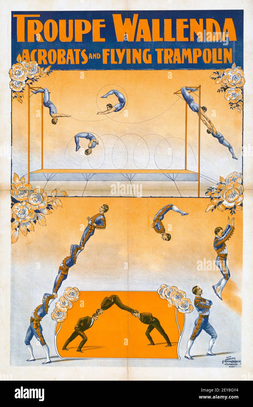 Wallenda. Akrobaten und fliegende Trampolin. Klassisches Zirkusposter, alter und Vintage-Stil. Stockfoto