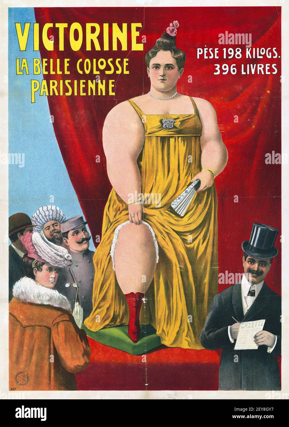 Victorine La Belle Colosse Parisienne 198 Kilo Frau. Klassisches Circus Poster/Illustration, alter und Vintage-Stil. 1873. Stockfoto