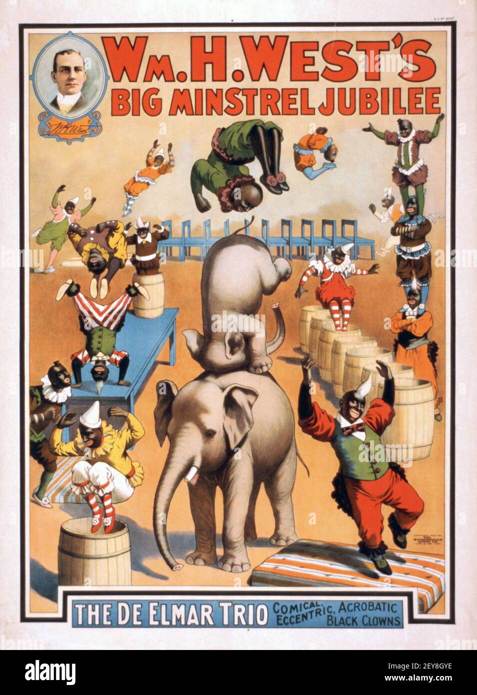 Wm. H. Wests großes Minstrel Jubilee. Klassisches Zirkus-Poster, alt und Vintage-Stil. Feat. afro-amerikaner, Elefanten und Akrobaten. Stockfoto
