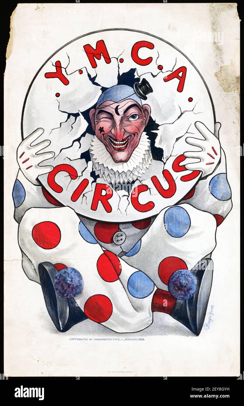 YMCA Circus. Clown. Klassisches Zirkusposter, im alten und Vintage-Stil. 1909. Stockfoto