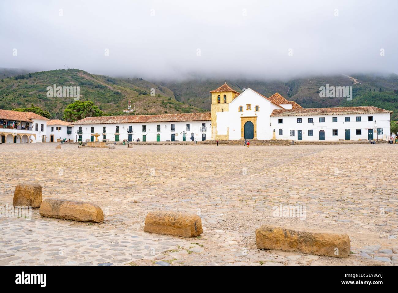 Pfarrkirche des Hauptplatzes, Villa de Leyva, Boyaca, Kolumbien Stockfoto