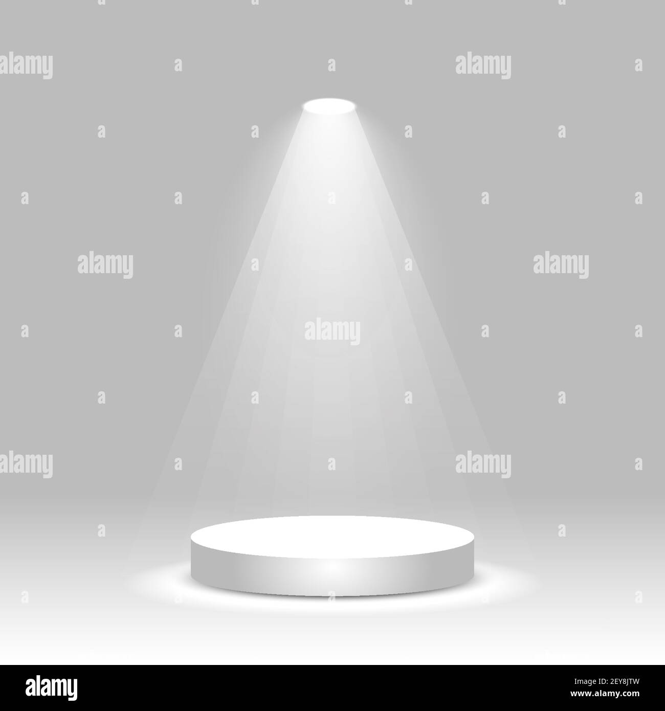 Realistisches weißes, rundes Podium, beleuchtet durch Scheinwerfer. Leere Siegerbühne, Produktsockel, Ausstellungsplattform. Vektorgrafik. Stock Vektor
