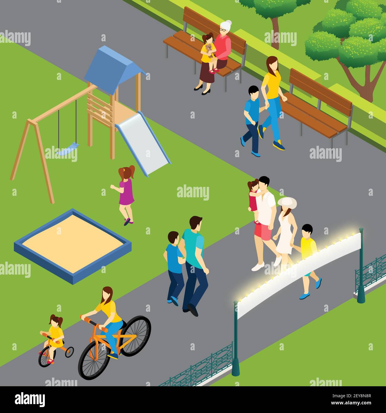 Familienwochenende im Freien isometrische Zusammensetzung mit Spaziergang auf dem Spielplatz in Stadtpark mit Fahrrad Kinder Vektor-Illustration Stock Vektor