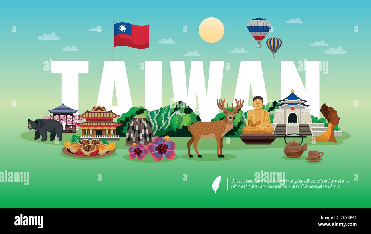 Taiwan Reisen flache horizontale Zusammensetzung mit nationalen Futtertieren Natur Tempel Sehenswürdigkeiten Sehenswürdigkeiten Sehenswürdigkeiten Sehenswürdigkeiten Vektor Illustration Stock Vektor