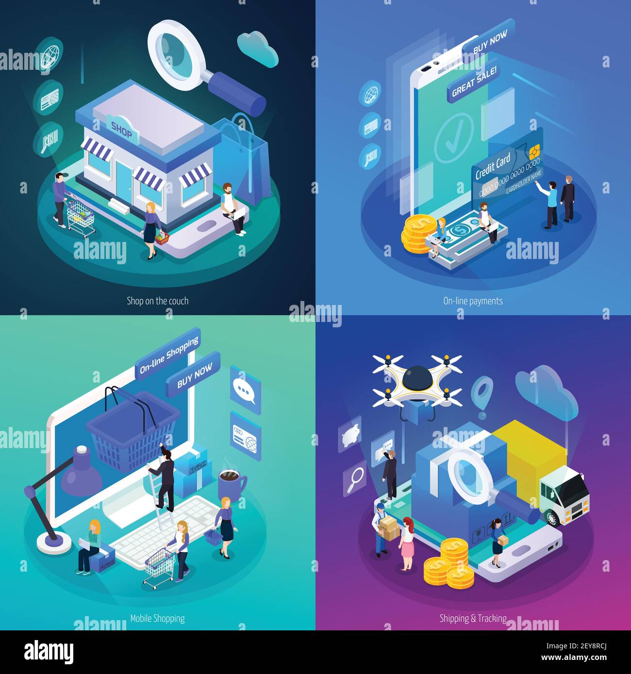 E-Commerce Mobile Online-Shopping von zu Hause weltweit sicher bezahlen 4 Glow isometrische Symbole Konzept Vektor Illustration Stock Vektor