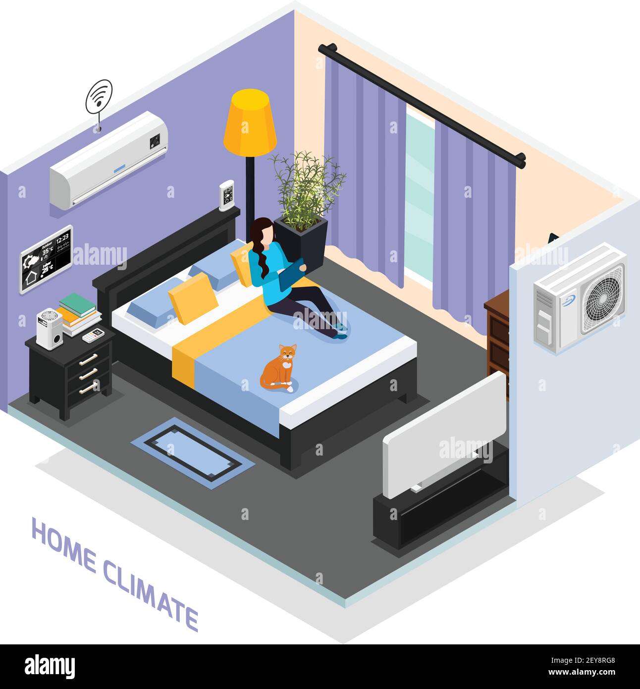 Home Klima ferngesteuertes System isometrische Zusammensetzung mit Schlafzimmer Vektor-Illustration der Innenwetterstation Klimaanlage Stock Vektor