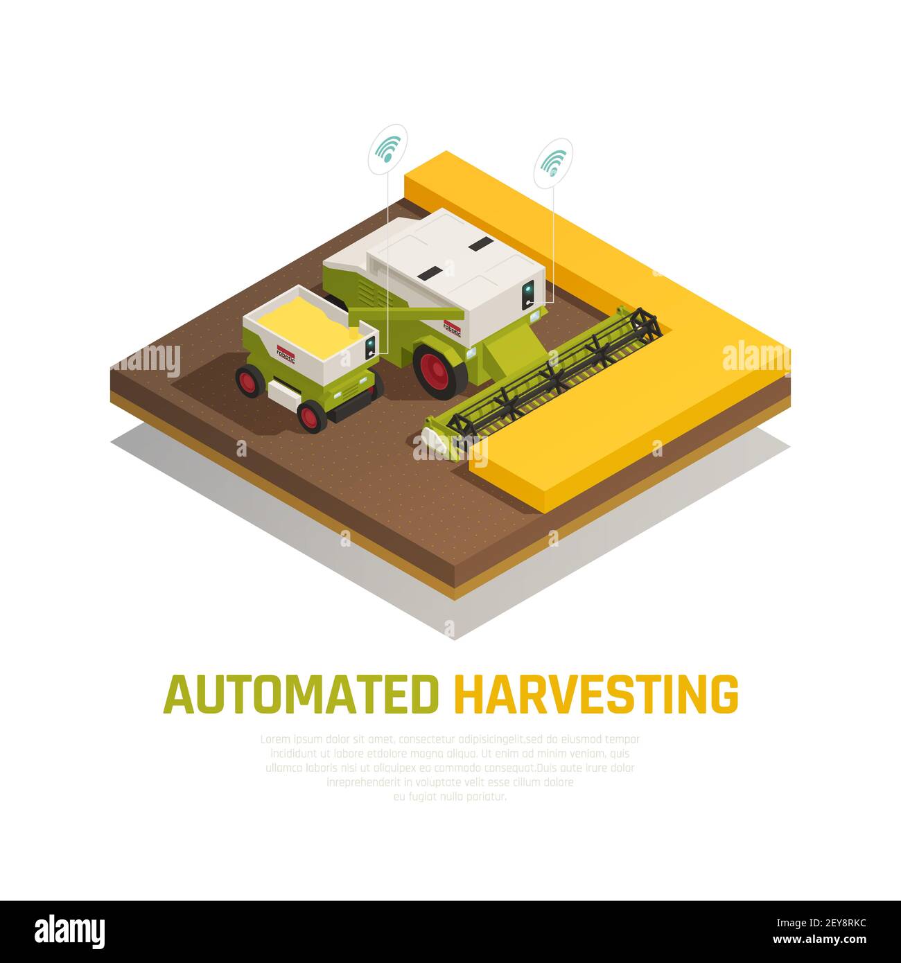 Landwirtschaft Automation Smart Farming Komposition mit editierbaren Text und Bilder Der Dreschmaschine des Mähdreschers in Feldvektordarstellung Stock Vektor