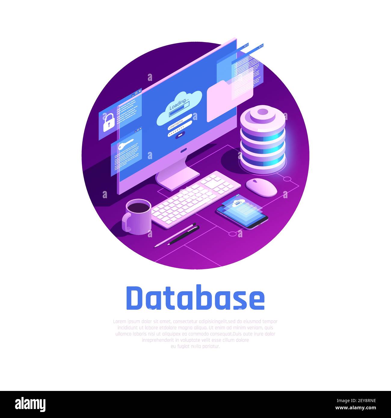 Cloud Office Glow isometrische Komposition mit editierbarem Text und Client Geräte Gadgets Computer und Kaffeetasse Vektor Illustration Stock Vektor