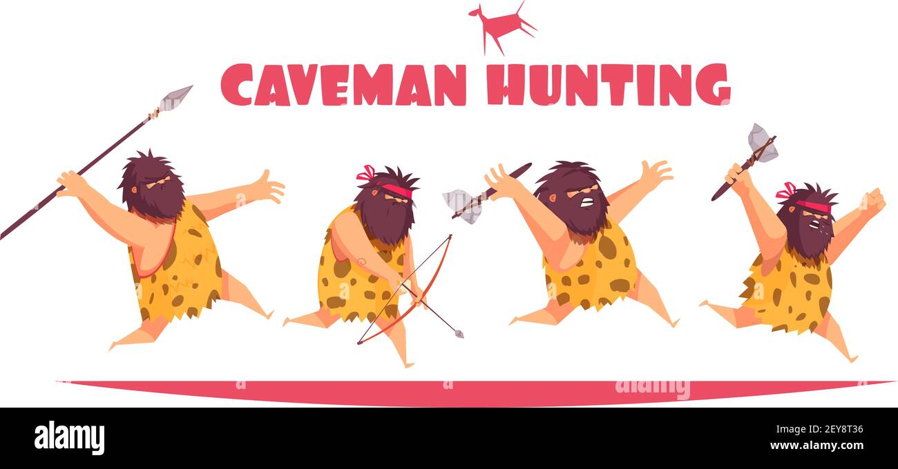 Caveman Jagd Design-Konzept mit primitiven Männer halten verschiedene Art Von alten Waffe Cartoon Vektor Illustration Stock Vektor