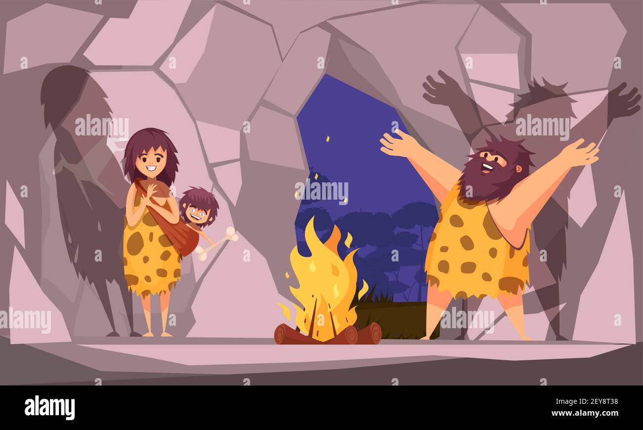 Cartoon-Poster mit Höhlenmensch Familie in Tierpelz gekleidet gesammelt Rund um das Feuer in Höhle Vektor-Illustration Stock Vektor