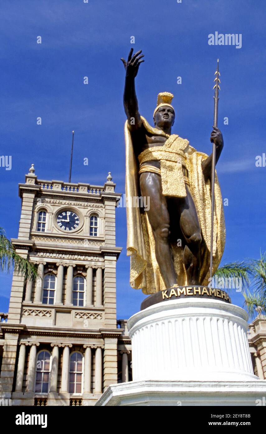 Statue von König Kamehameha im Iolani Palast in Oahu, Hawaii Stockfoto