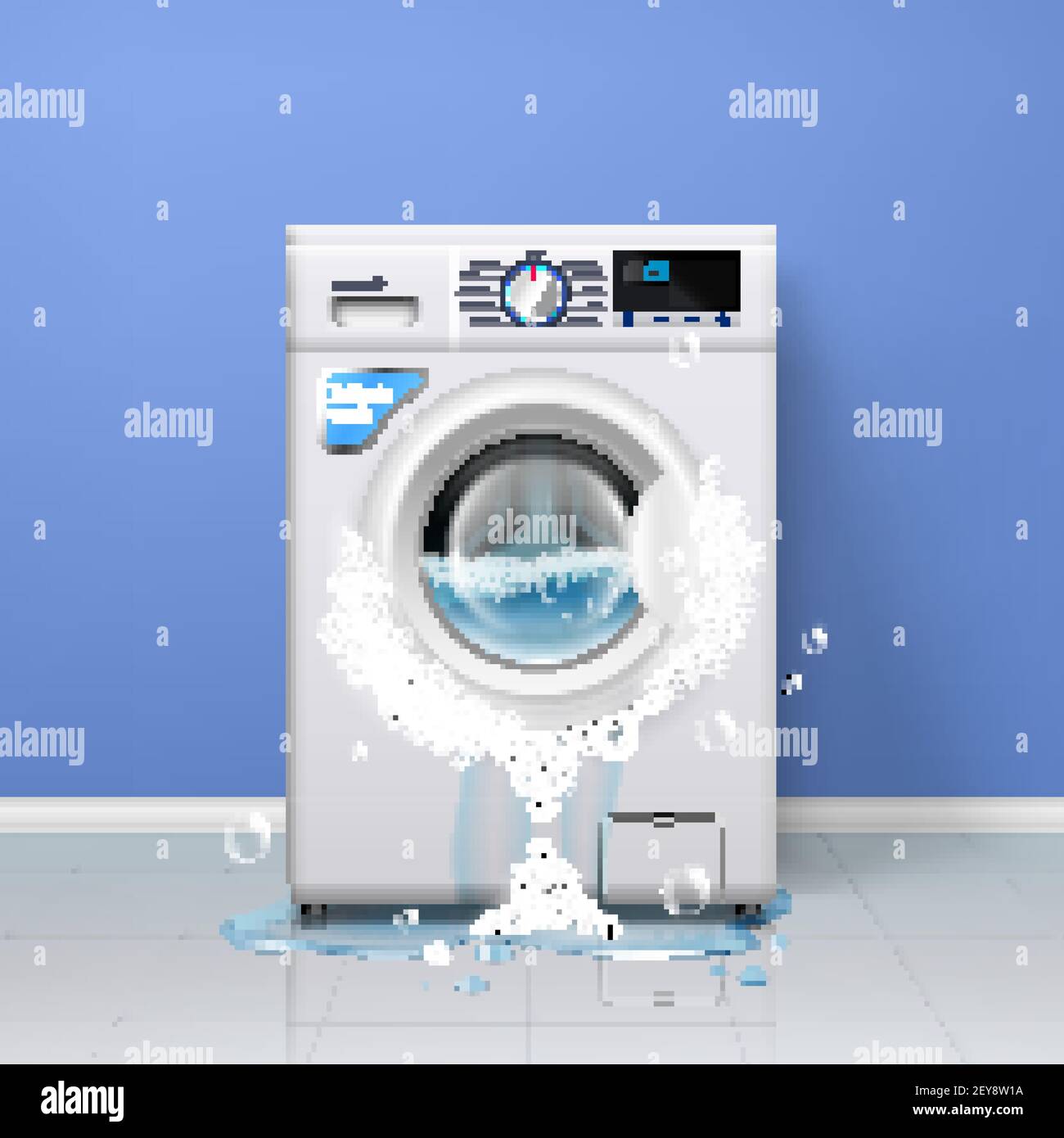 Kaputte Waschmaschine realistische Indoor-Zusammensetzung mit Waschmaschine  und Vektorgrafik: Wasser fließt aus der Tür Stock-Vektorgrafik - Alamy