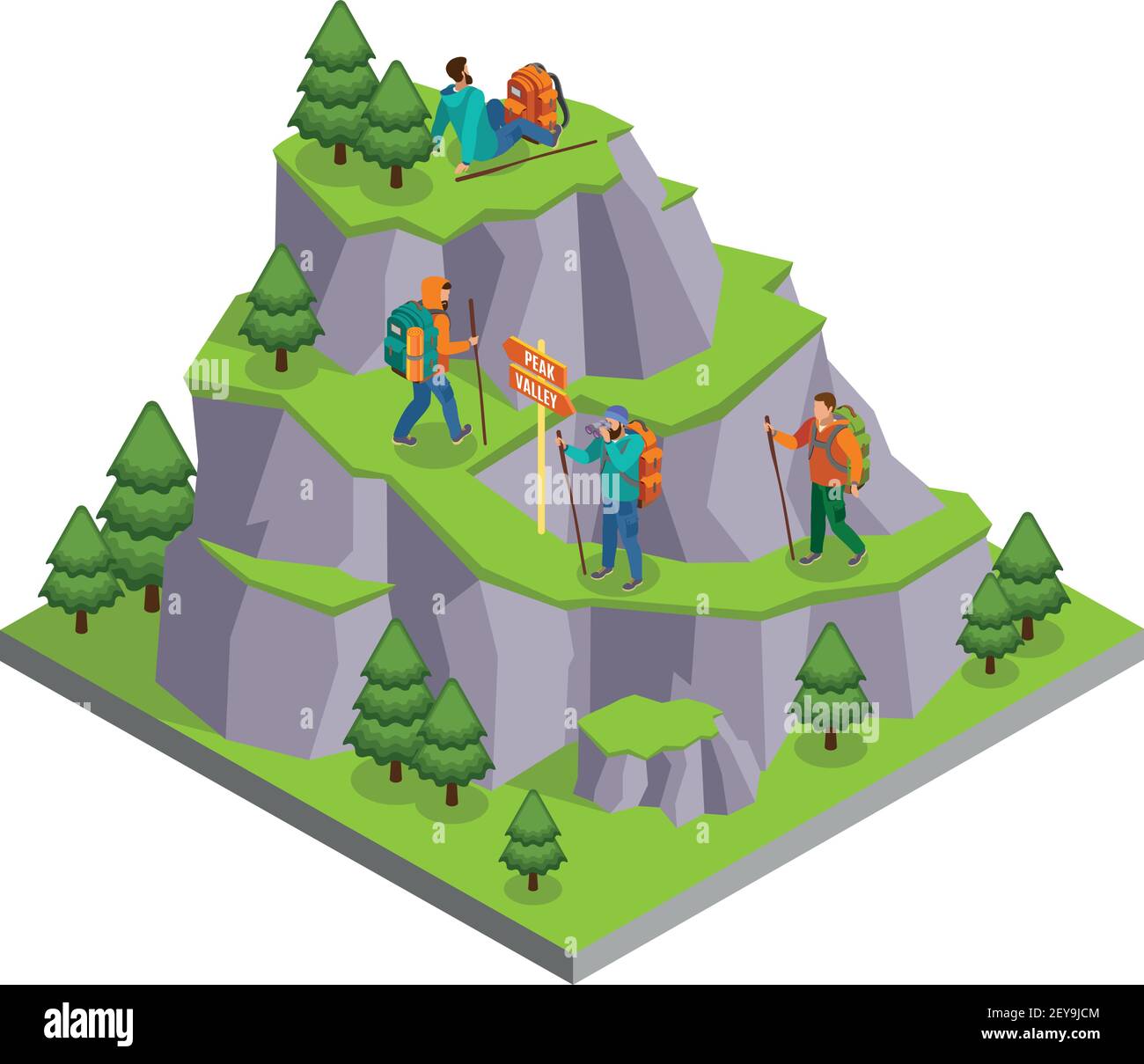 Wandern isometrische Komposition mit wilden Berg Panorama-Bild mit Wandern Pfade und menschliche Charaktere von Camper Vektor-Illustration Stock Vektor