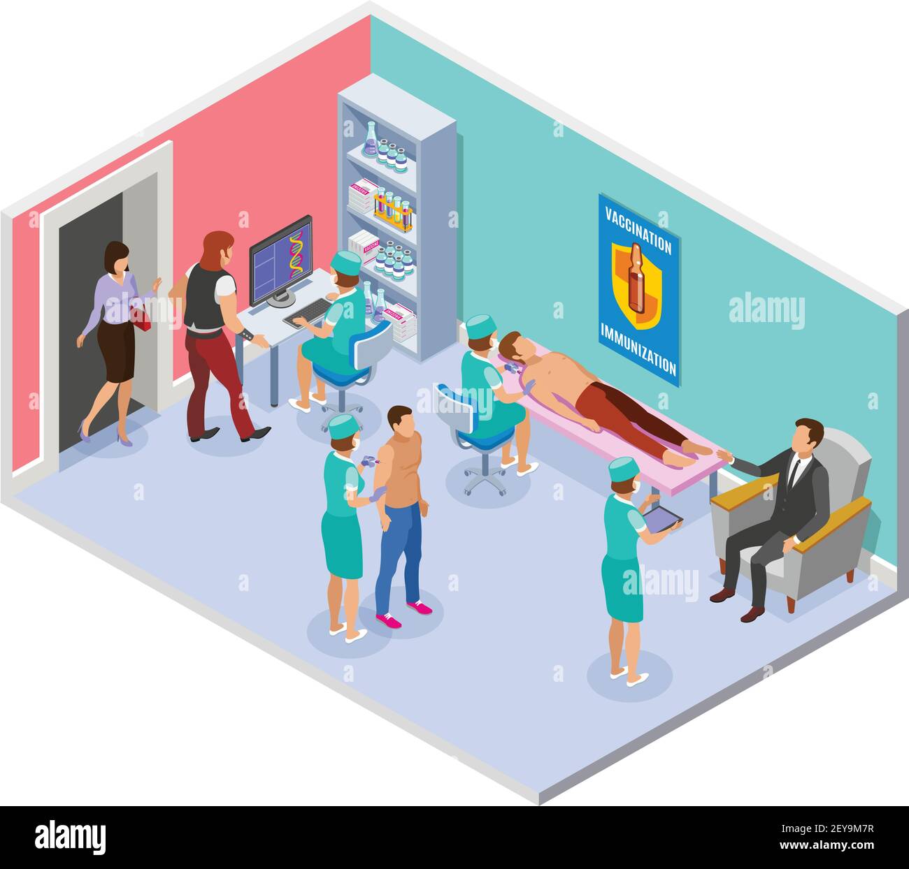Impfung isometrische Zusammensetzung mit Blick auf Krankenhauszimmer mit Innenraum Elemente und medizinisches Personal Verabreichung von Injektionen Vektor-Illustration Stock Vektor