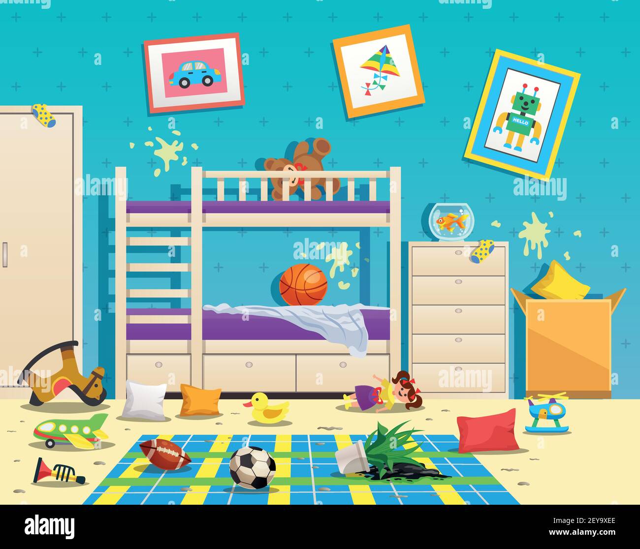 Die Inneneinrichtung im Kinderzimmer war dreckig und an der Wand waren Flecken Verstreute Spielzeug auf dem Boden flache Vektor-Illustration Stock Vektor