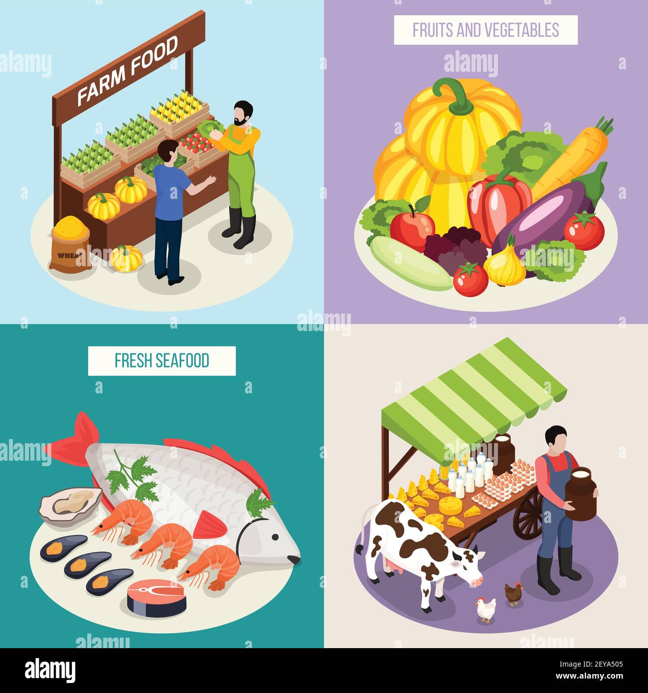 Farmer Market 2x2 Design-Konzept Satz von frischen Meeresfrüchten Milch Produkte Obst und Gemüse isometrische Vektor-Illustration Stock Vektor