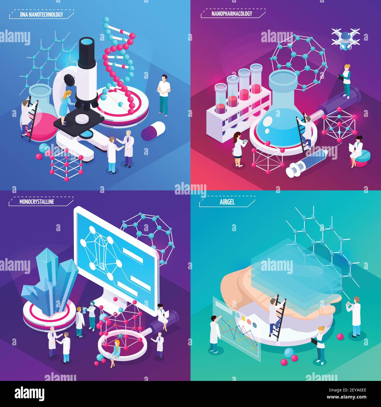 Nanotechnologie 2x2 Design-Konzept Satz von Airgel monokristallinen dna-Quadrat Kompositionen isometrische Vektordarstellung Stock Vektor