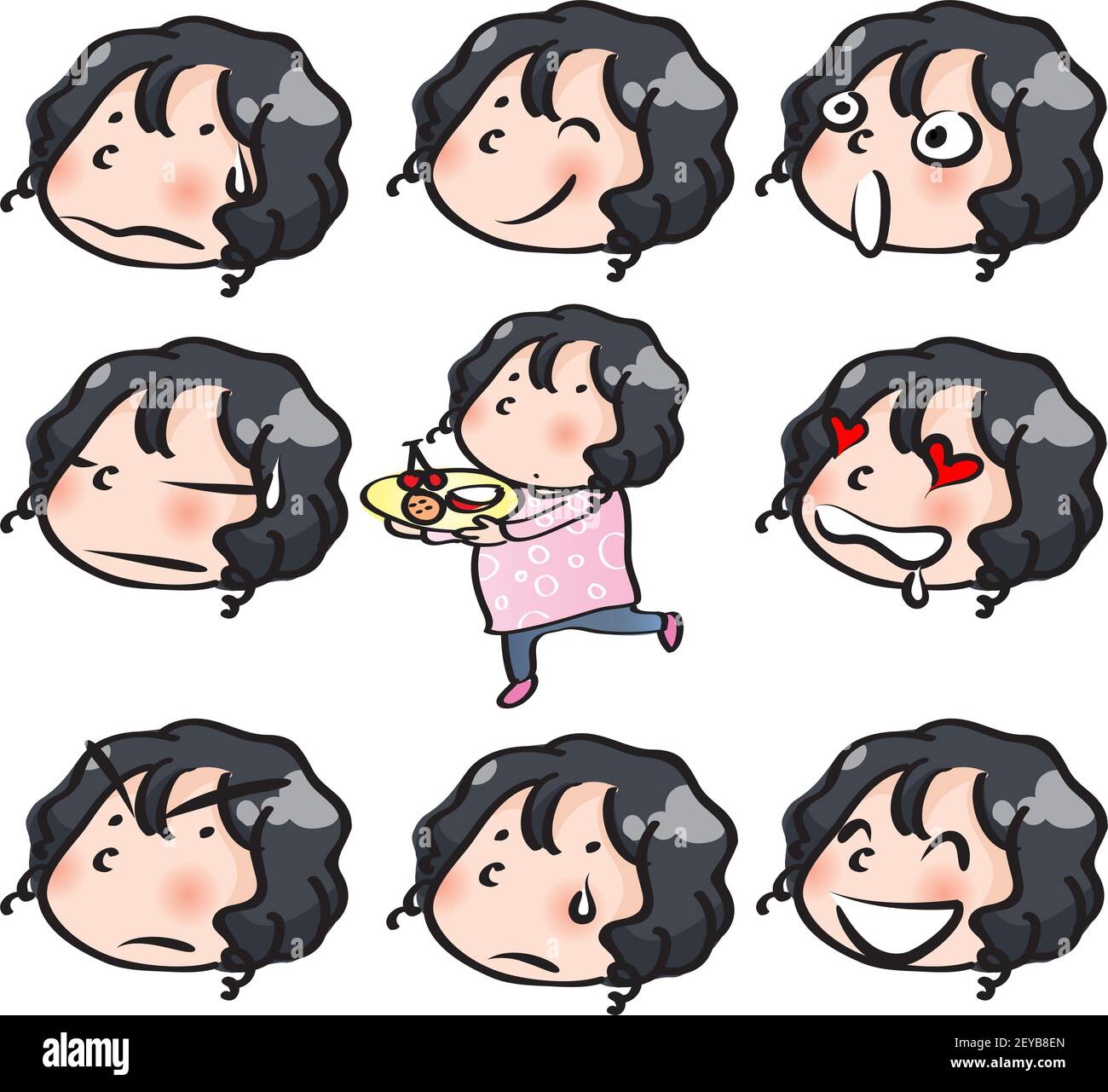 Cartoon Fett Mädchen Emoji Set Stockfoto