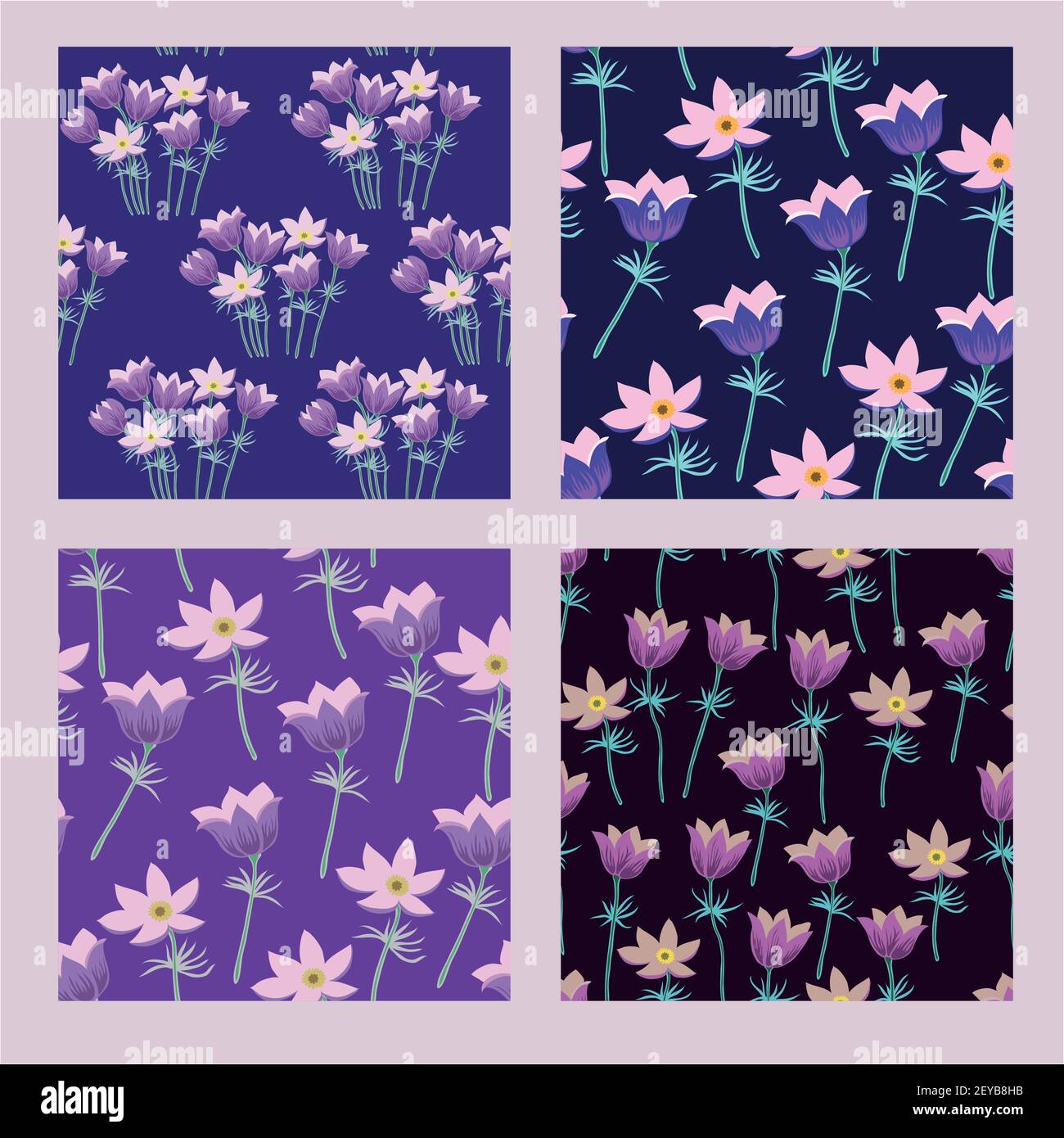 Set von 4 nahtlose Muster mit pasque, pulsatilla Blumen für Stoff, Scrapbooking und Zubehör. Stock Vektor