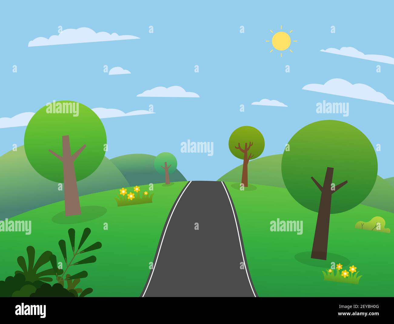 Straße auf Hügeln mit großen Bergen und Himmel.schöne Szene Wiesen mit Bergen im Sommer.Naturlandschaft mit ländlichen Straße. Vektorgrafik Stock Vektor