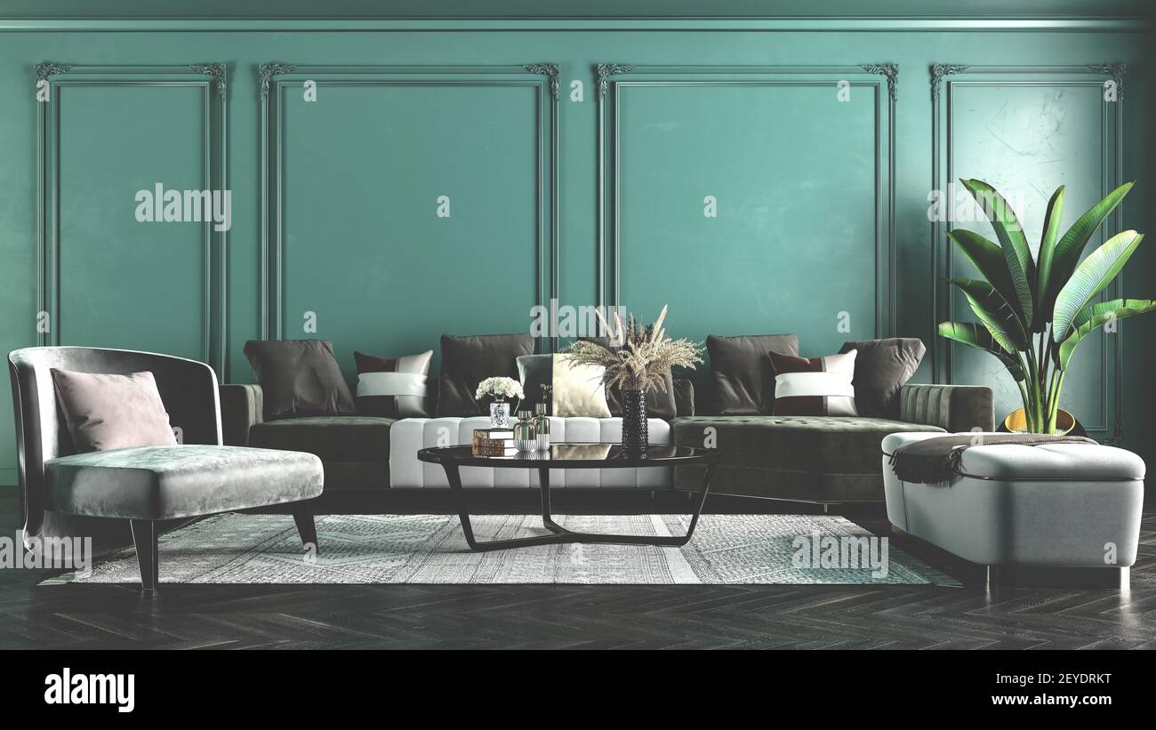 Moderne Innenarchitektur für Zuhause, Büro, Innenausstattungen, Polstermöbel auf dem Hintergrund einer dunkelgrünen klassischen Wand. Stockfoto