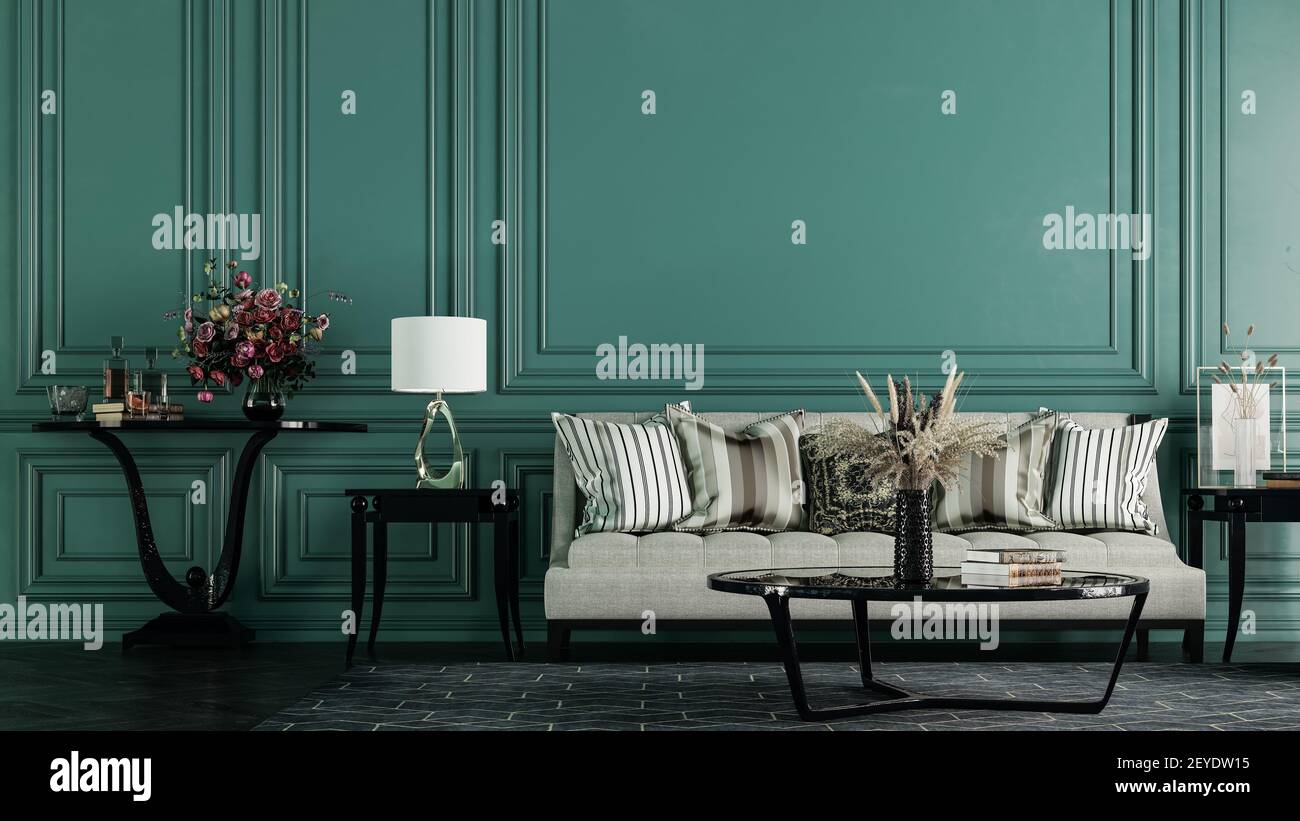 Moderne Innenarchitektur für Zuhause, Büro, Innenausstattungen, Polstermöbel auf dem Hintergrund einer dunkelgrünen klassischen Wand. Stockfoto