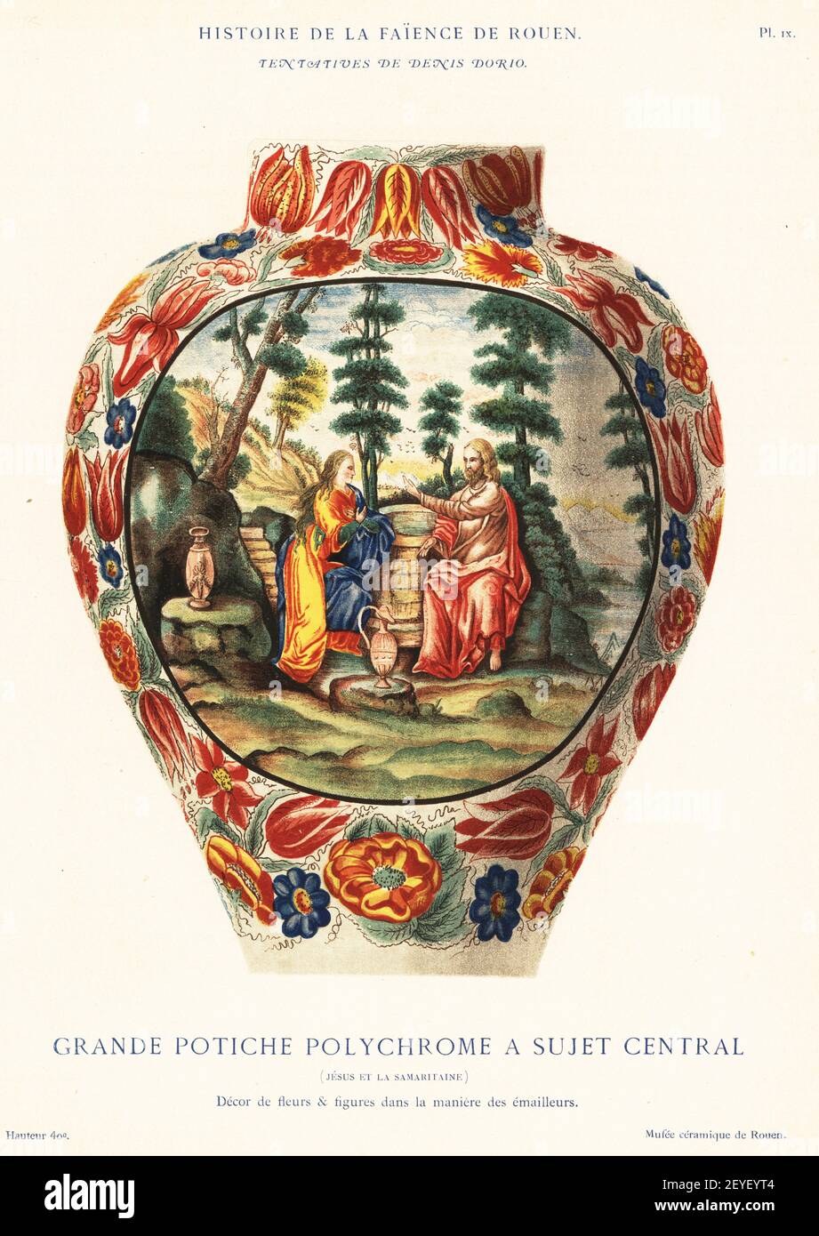 Große bunte Vase mit zentralem Bild von Jesus und dem barmherzigen Samariter, umgeben von Tulpen im Stil von Emaillern. Gemalt von Denis Dorio. Grande Postiche Polychrome ein Sujet zentralen (Jesus et la Samaritaine). Tentatives de Denis Dorio. Chromolithographie nach einer Illustration von Emilie Pottier aus Andre Pottiers Histoire de la Faience de Rouen, Auguste le Brurent, Rouen, 1870. Stockfoto