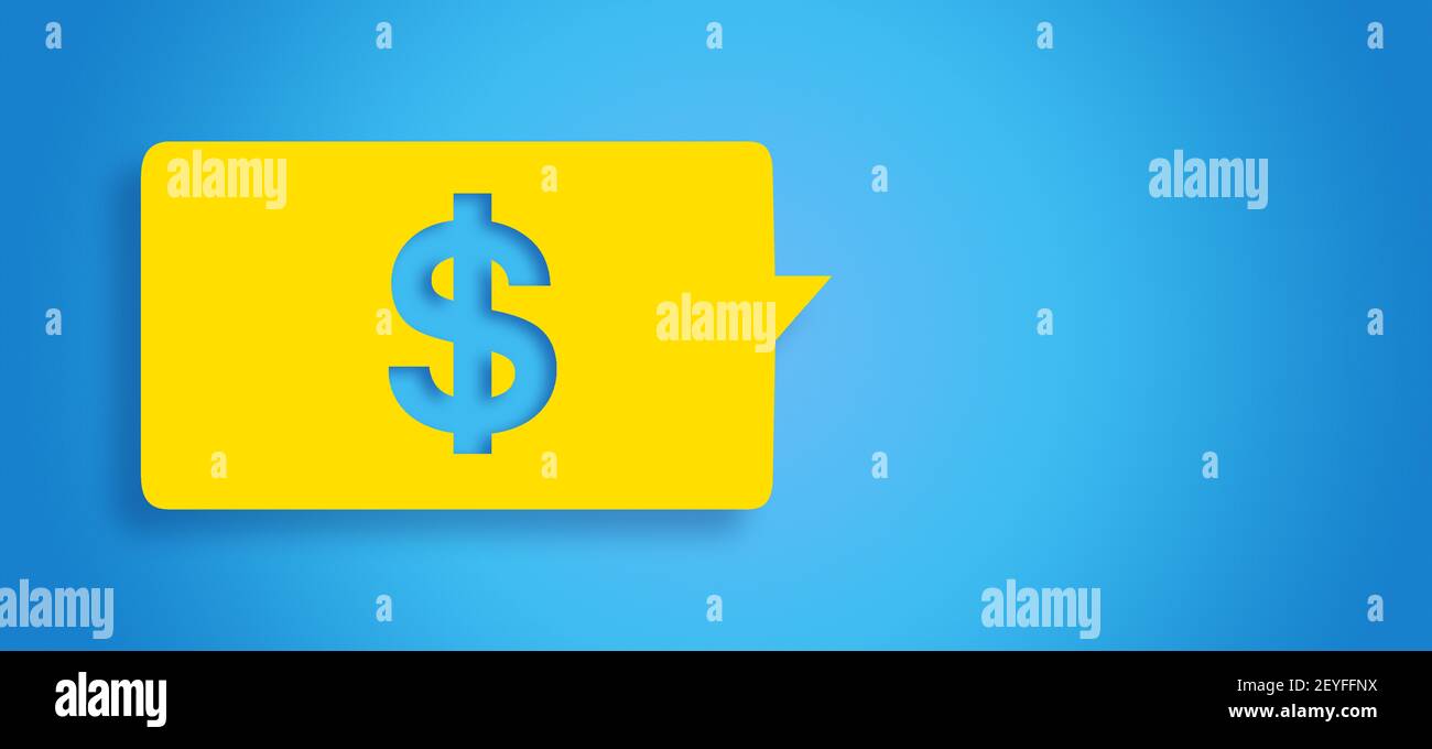 3D gerenderte Börsenbotschaft in Chat-Blase Konzept: American Money Symbol. Symbol für die globale Währung US-Dollar oder USD. Finanzen und Wirtschaft. Stockfoto