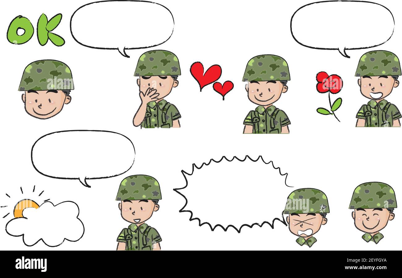 vektor Cartoon Soldat niedliches Gesicht Emoji Aufkleber Rede Blase Hintergrund Setzen Stock Vektor