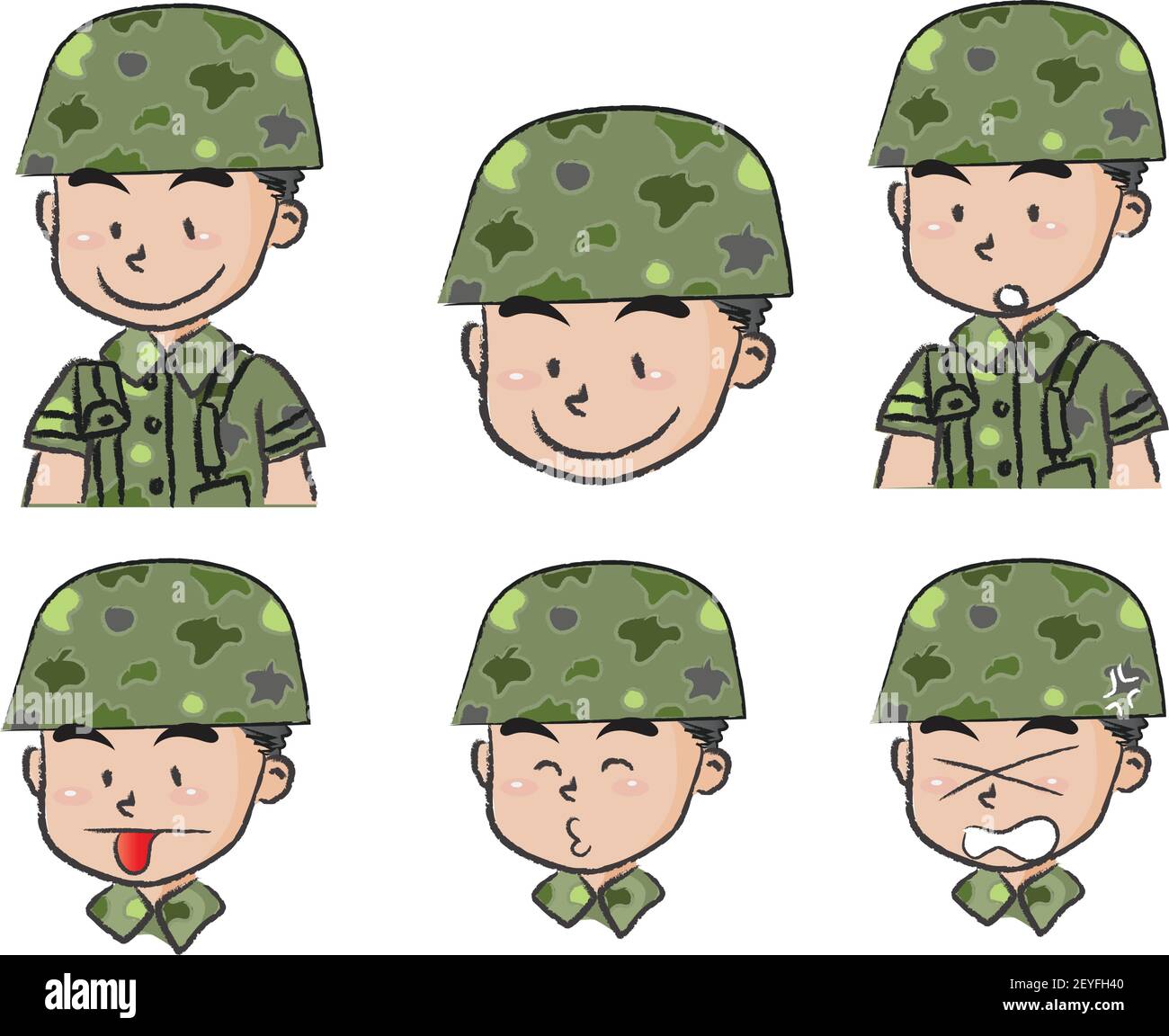 vektor Cartoon Soldat niedliches Gesicht Emoji Aufkleber Set Stock Vektor