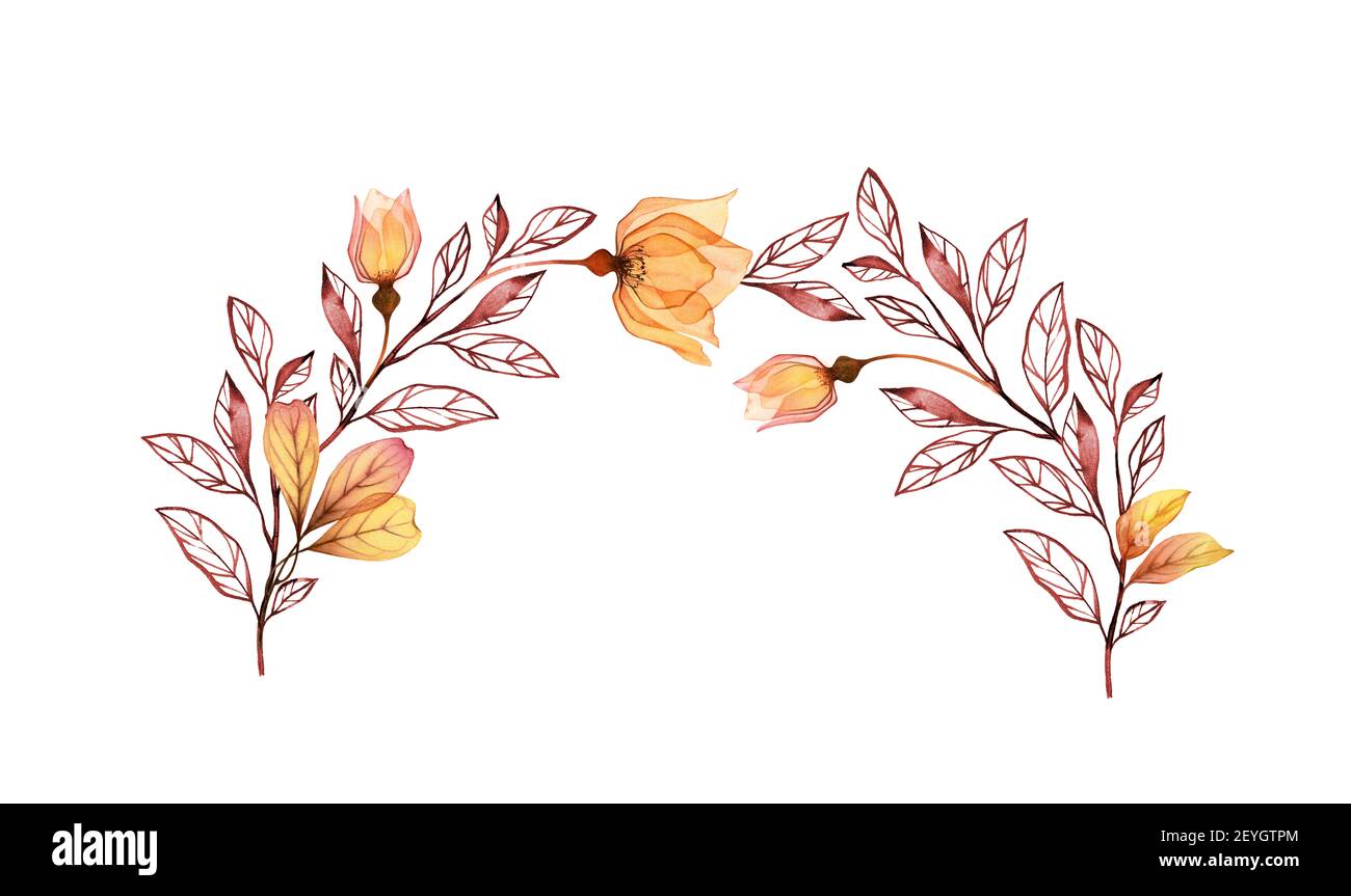 Aquarell Rosenbogen. Herbstgelbe Blüten mit Knospe und Blätter isoliert auf weiß. Handbemalter runder Blumenkranz. Botanische Abbildung für Stockfoto