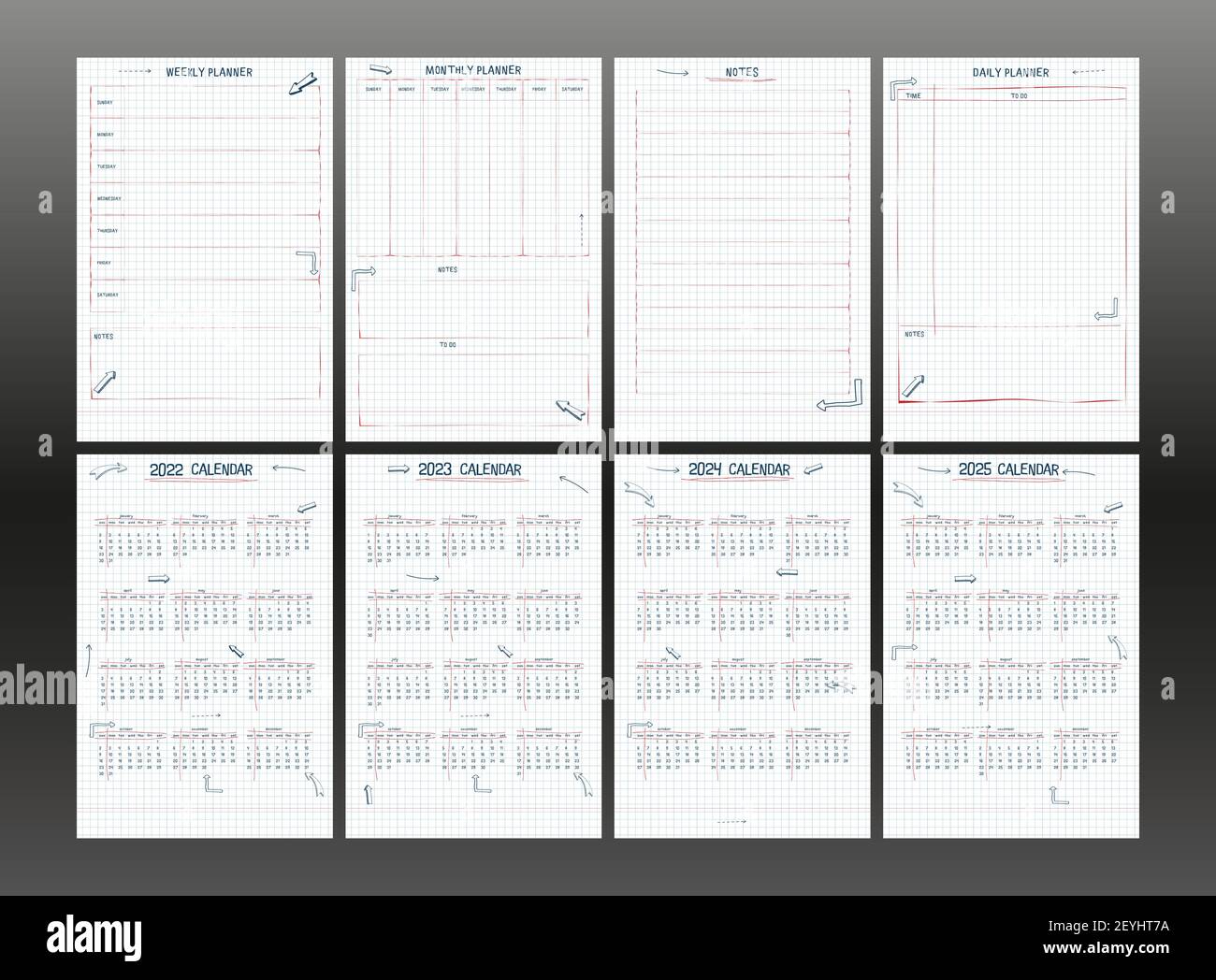 Set von 2022 2023 2025 2025 Kalender Wochenplaner und To-do-Liste. Handgezeichnete Schriftart 