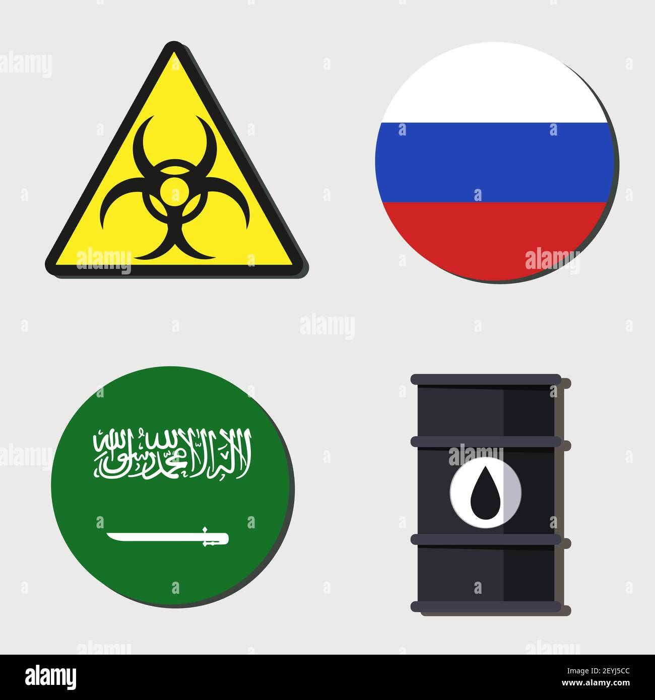 Coronavirus, Ölkrise, Russland vs Saudi-Arabien-Set von flachen Ikonen. Die globale Krise von 2020- der Rückgang des Preises pro Barrel unter dem Einfluss von Stock Vektor