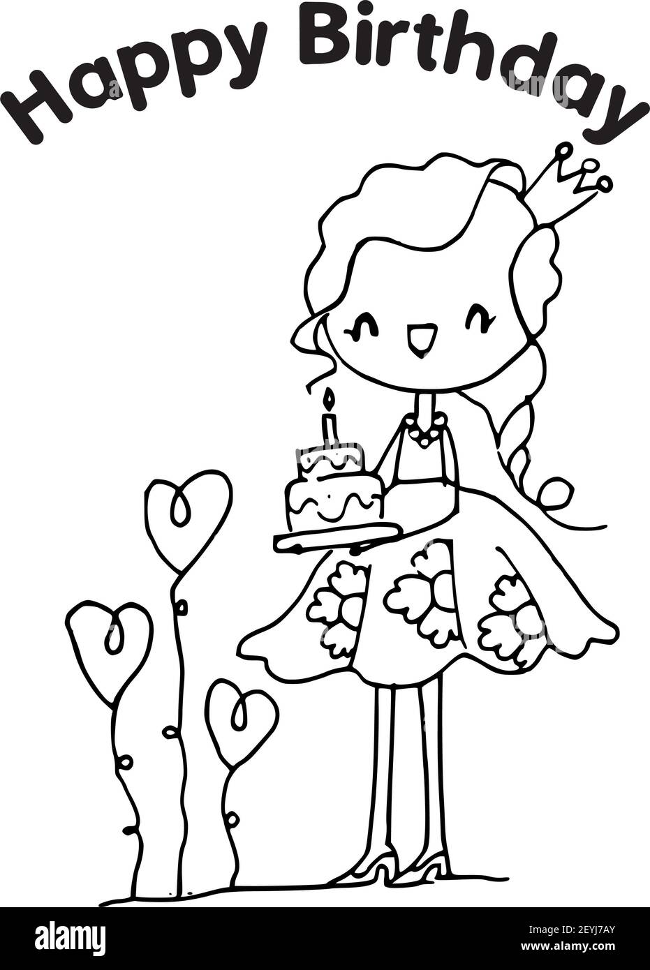 vektor Happy Birthday Karte schwarz und weiß Prinzessin halten Geburtstag Kuchen Stockfoto