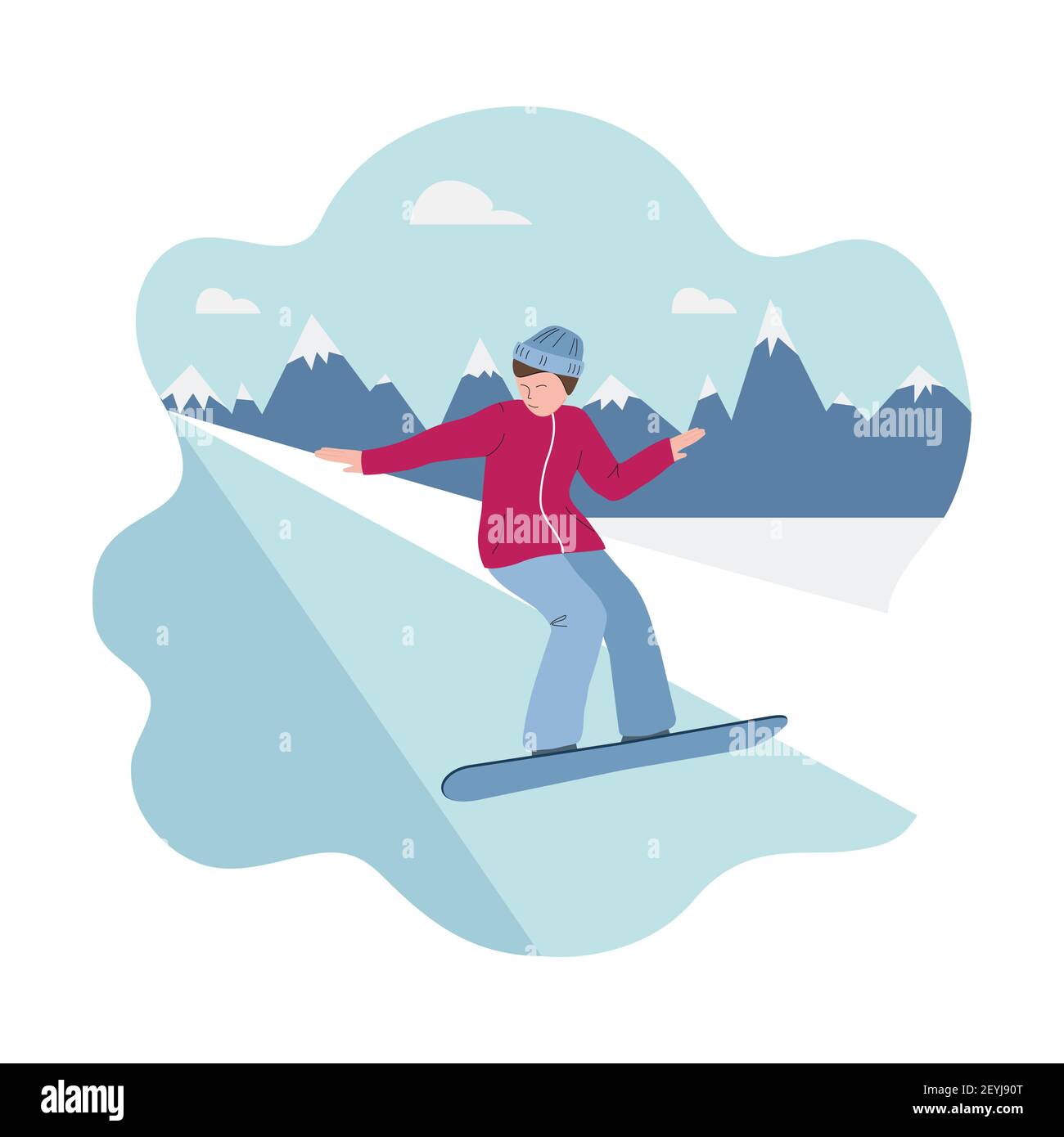 Banner des Wintersports - Bergski, ein Mann auf Skiern stürzt die Piste hinunter. Mann auf dem Hintergrund von Silhouetten von Bergen. Vektorgrafiken Stock Vektor