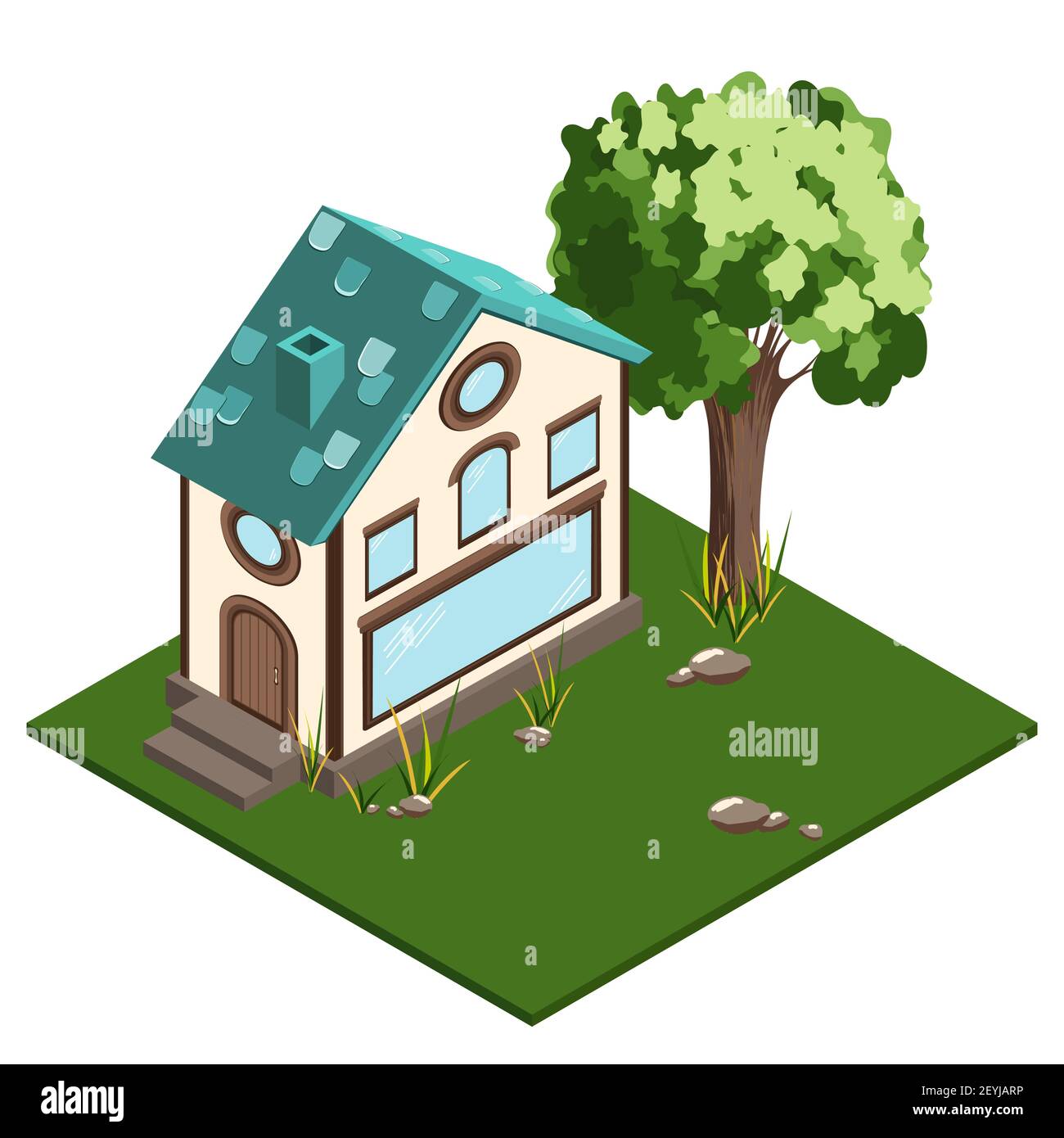 Das isometrische Haus ist ein zweistöckiges Geschäft mit Dachboden und Fenstern in verschiedenen Formen. Türkisfarbenes Dach mit Fliesen, hellcremefarbene Fassade, große Vitrine i Stock Vektor