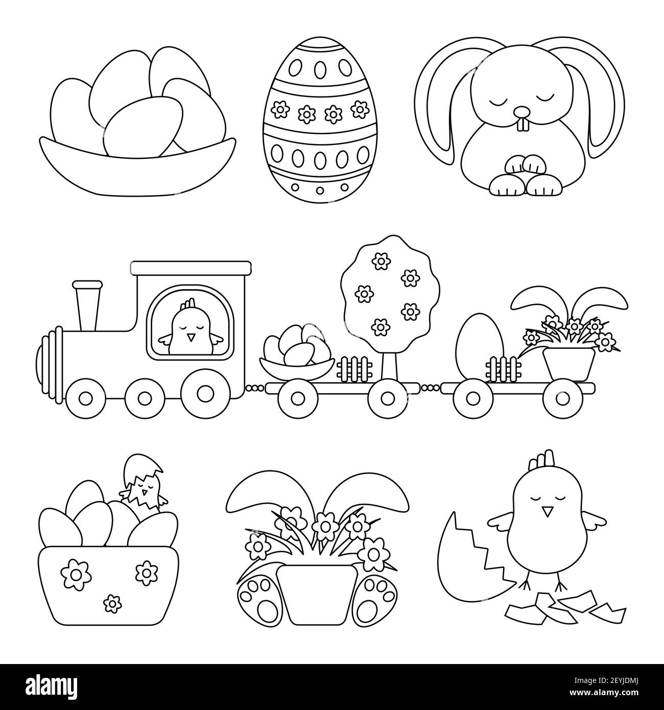 Sammlung von Happy Easter Zeichen Vorlagen - niedlichen Kaninchen, Huhn, Zug, Blumen, Ostereier, Gras. Festliche Vektorgrafik im Stil von Stock Vektor