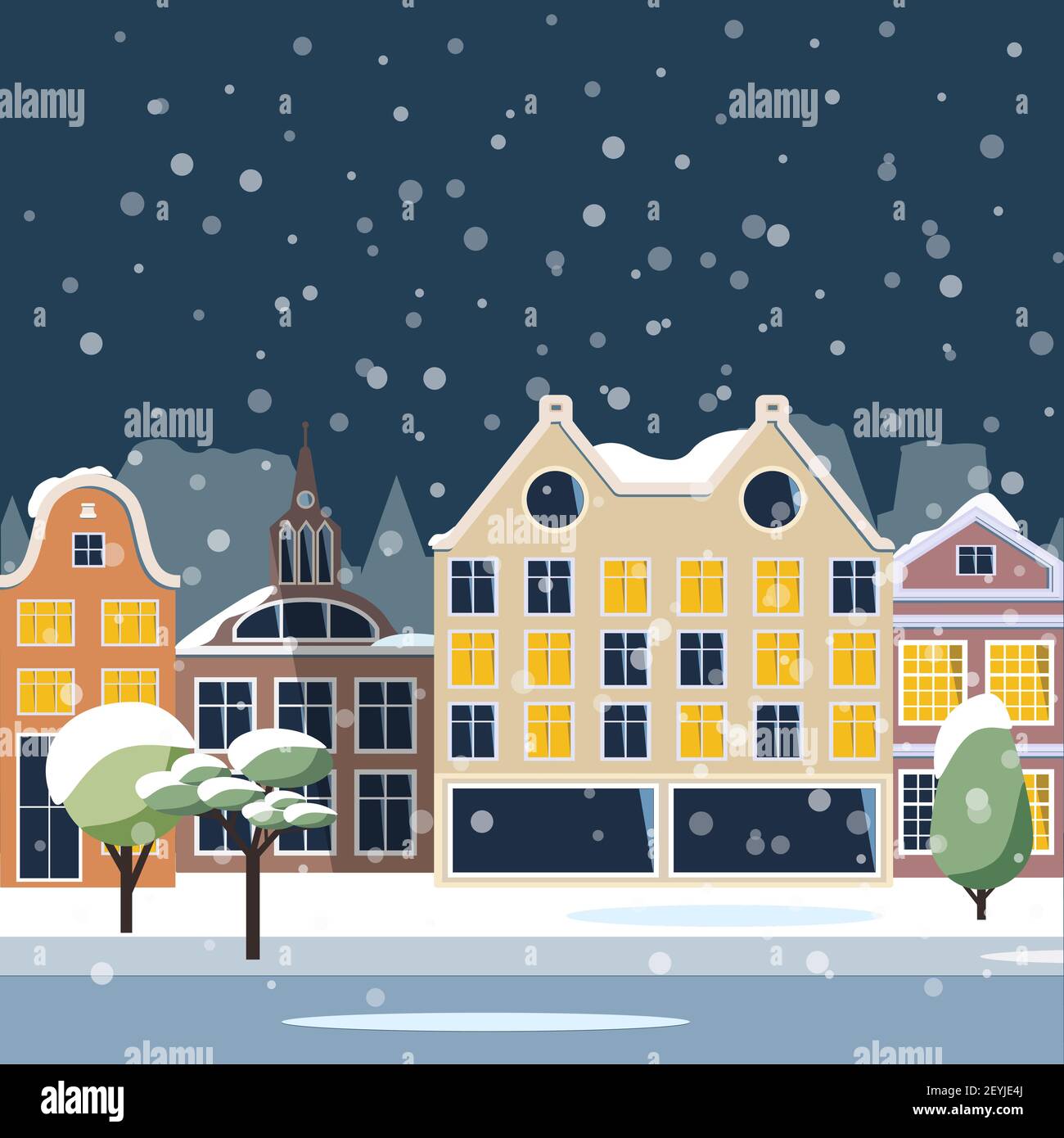 Nacht Winter Europäische Stadt - Häuser und Geschäfte, Bäume, ein Park mit Laternen und Bänken, eine schneebedeckte Stadt. Vektor-Illustration in einem flachen Stil ist su Stock Vektor