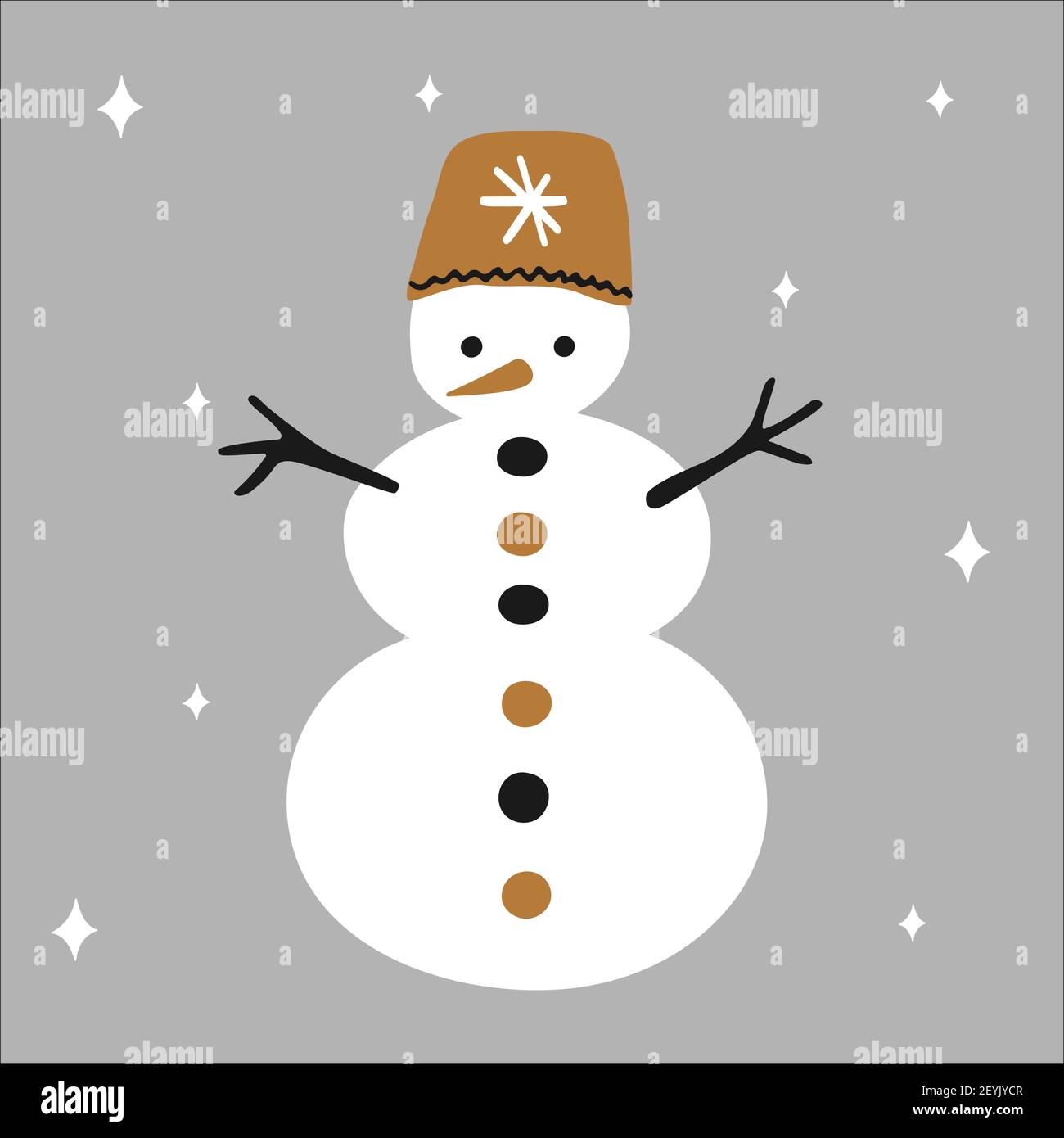 Weihnachten traditioneller Schneemann mit Hut auf weißem Hintergrund mit Schneeflocken im skandinavischen handgezeichneten Stil in Gold, Silber, Schwarz. Vektor Stock Vektor