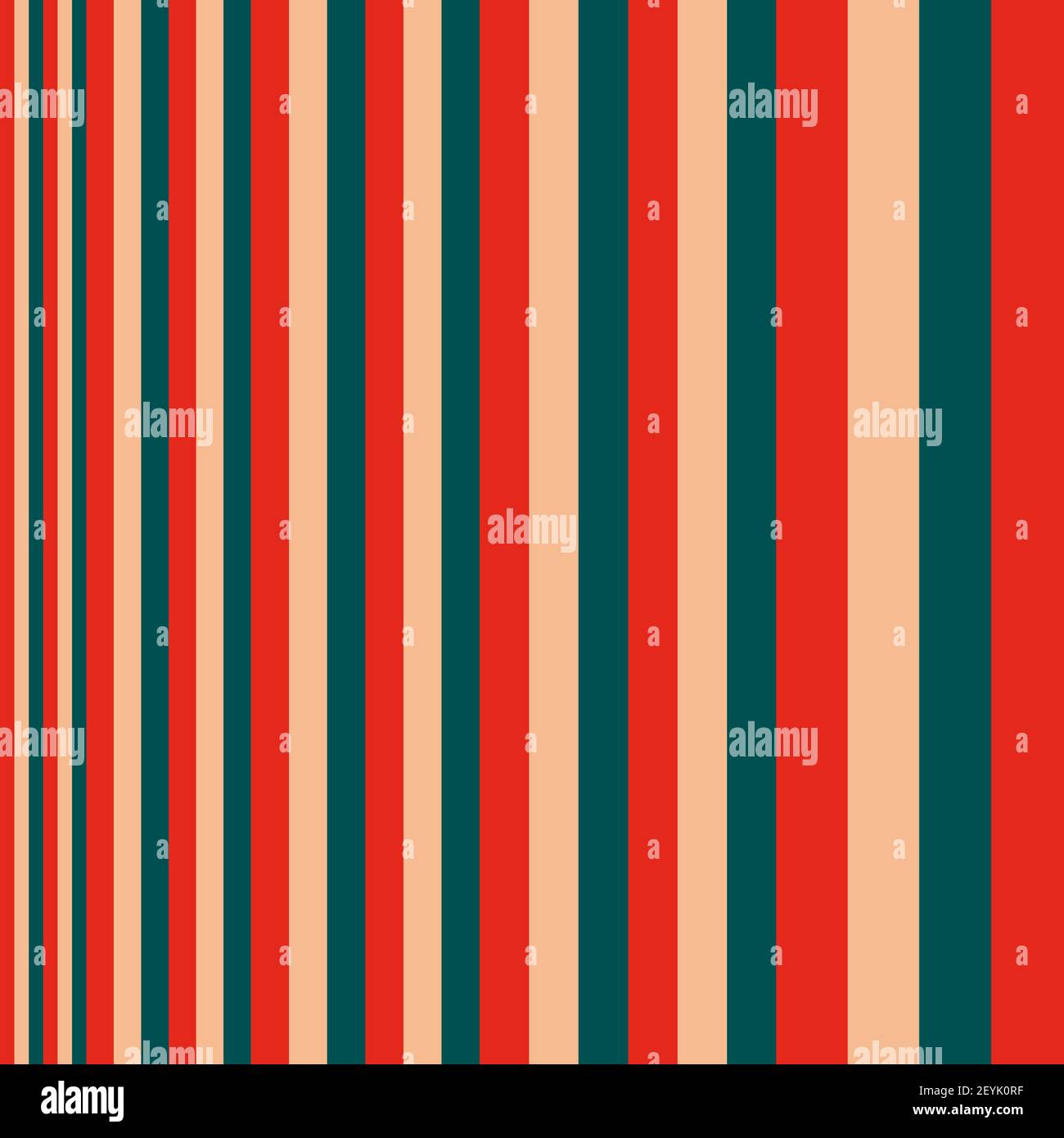 Nahtloses Muster aus Streifen in rot, grün und beige, die Breite der Streifen von schmal bis breit. Gefertigt in einem minimalistischen Stil der Handzeichnung. Verwendet Stock Vektor