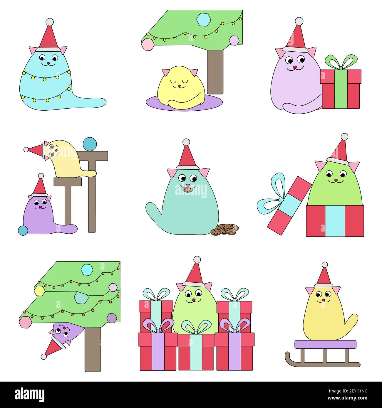 Frohe Weihnachten Set von Urlaub Katzen in Cartoon-Stil und Pastellfarben. Vektor-Illustration - Clip-Art Sammlung von niedlichen Haustieren, Geschenke, Tannenbaum. Stock Vektor