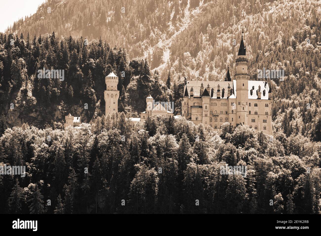 Sepiafarbene Vintage-Ansicht des berühmten romantischen Eklektizismus-Palastes Neuschwanstein aus dem 19th. Jahrhundert in Schwangau, Bayern, Deutschland, Europa Stockfoto