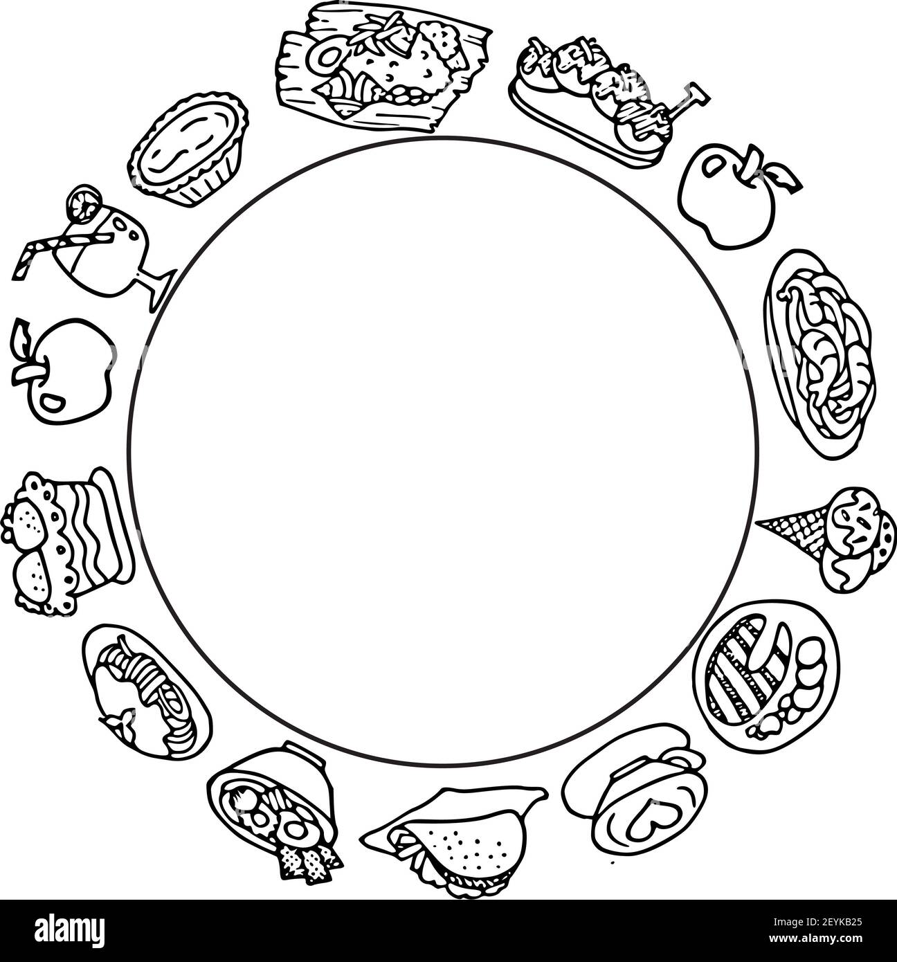 vektor Cartoon Lebensmittel schwarz und weiß Set Kreis Grenze Hintergrund Stockfoto