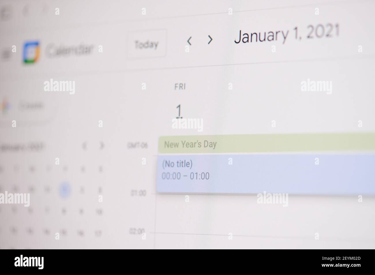 New york, USA - 17. Februar 2021: Neujahr 1 Januar auf google Kalender auf Laptop-Bildschirm Nahaufnahme. Stockfoto